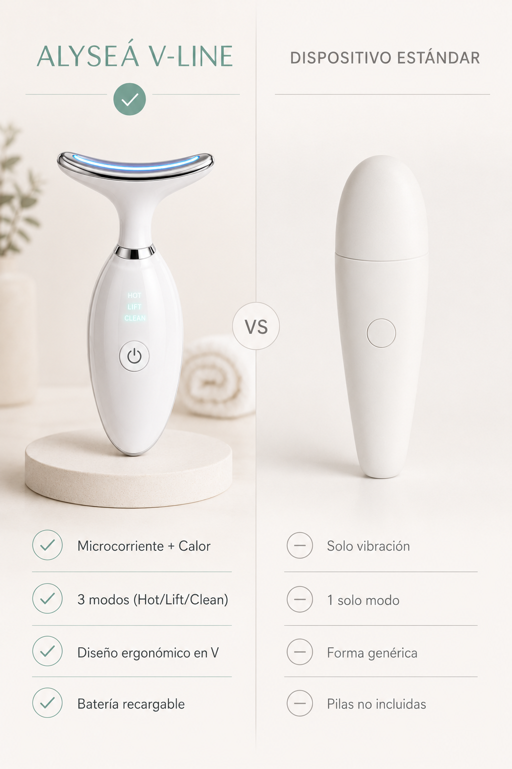 Alyseá V-Line — Dispositivo de Microcorriente para Papada y Cuello comparado con un dispositivo estándar